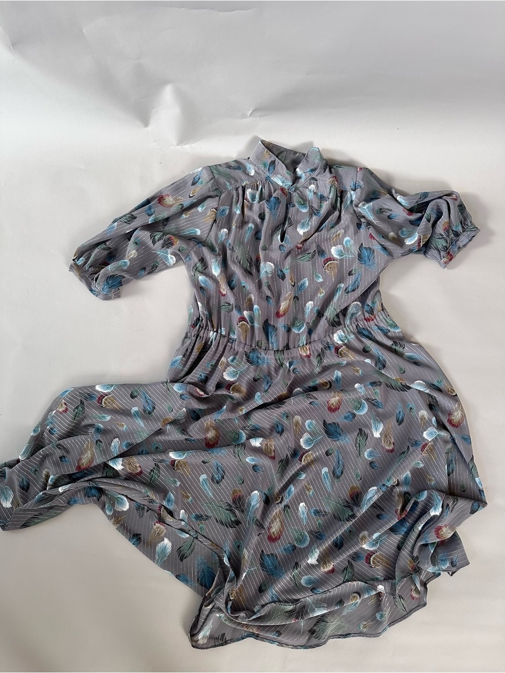 Vintage Silk Chiffon Gray Midi Dress with Silver Metallic Striped and Feathers